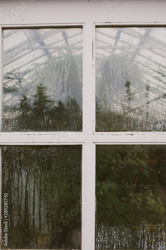 Window looking into a greenhouse in winter