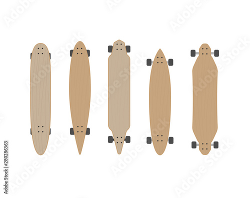Vector flat cartoon wooden longboard icon set collection isolated on white background