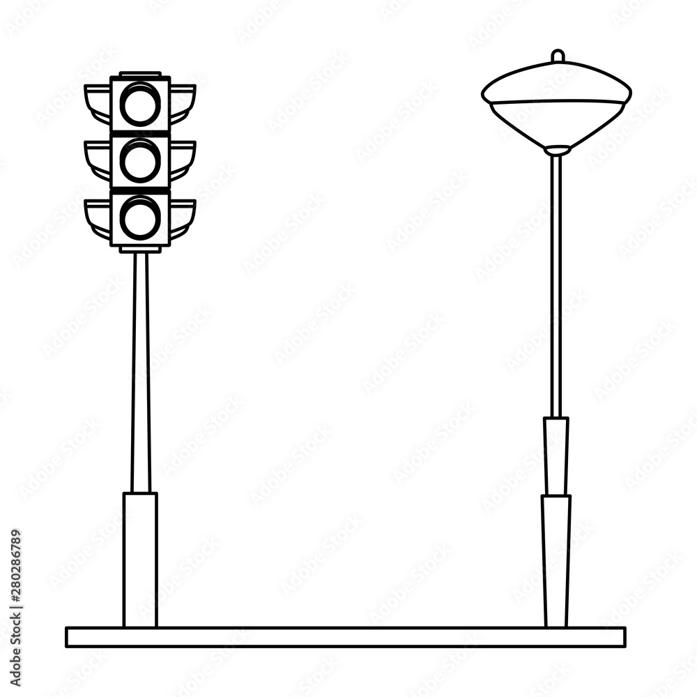 Traffic lights and streetlight on street in black and white Stock ...