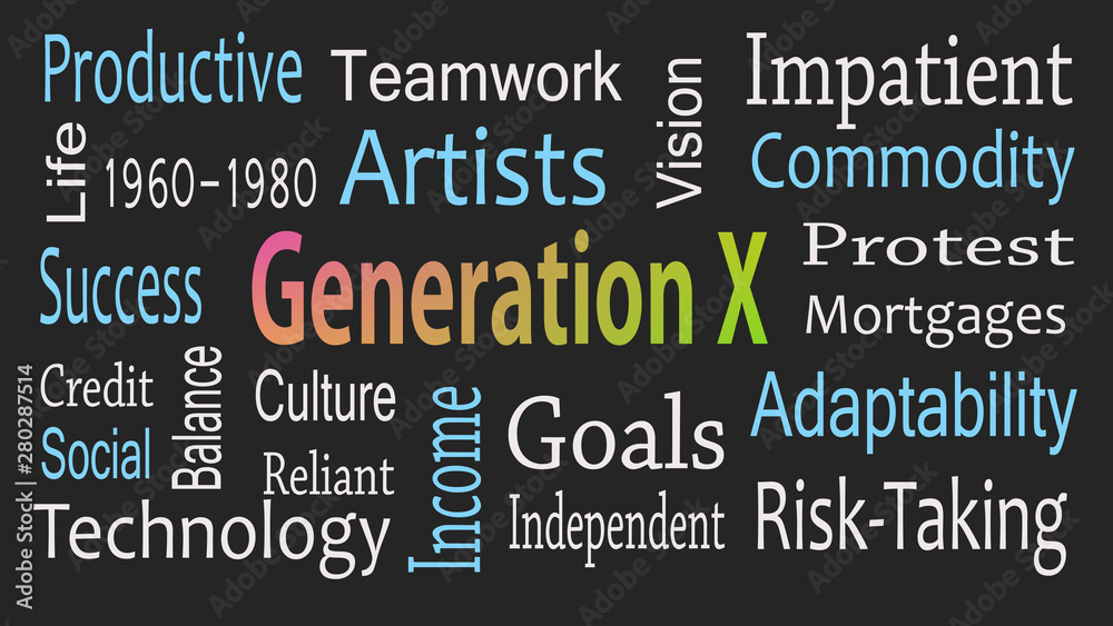 Generation X word cloud concept with great terms such as now Generation X word cloud concept with great terms such as now
