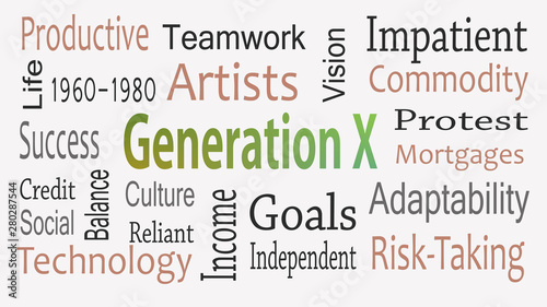 Generation X word cloud concept with great terms such as now
