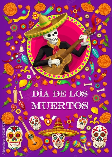 Dia de los Muertos skeleton with Mexican guitar