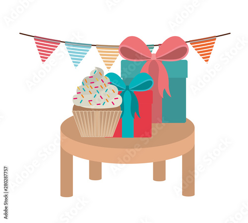 celebration with gift box and cake on white background