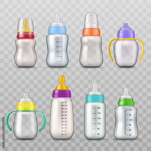 Milk bottles with pacifiers mockups isolated icons