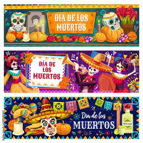 Mexican Day of Dead altar, sugar skulls, skeletons