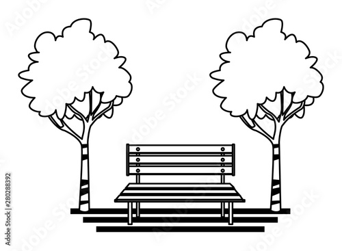 Park with bench and trees cartoon in black and white Stock Vector | Adobe  Stock