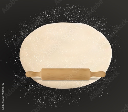 Rolled dough, flour sprinkles, wooden rolling pin