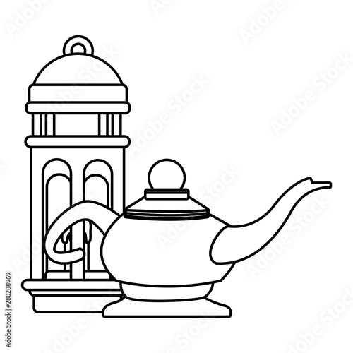 Antique magic lamp and lantern cartoon in black and white