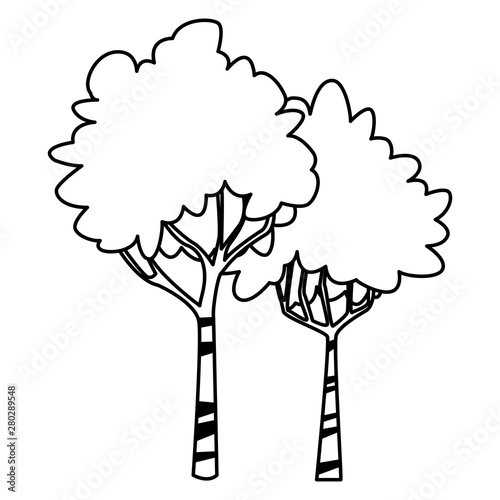 Nature trees with leaves isolated cartoon in black and white