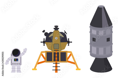 Isolated on white background set of space objects: astronaut, lunar module and rocket. Vector flat illustration
