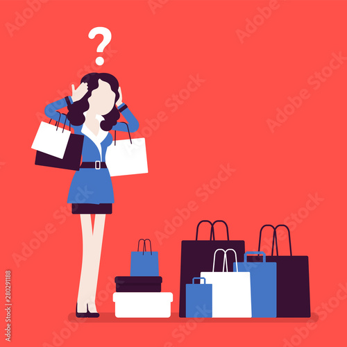 Shopaholic woman buying too much. Young anxious black girl shopping with addiction, suffer from obsession of purchases, feeling distress, shame or guilt after. Vector illustration, faceless character