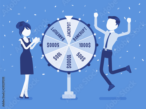 Winning jackpot, happy man successful in game show. Boy celebrating getting first prize, chance and luck to achieve large money fund, good fortune. Vector illustration, faceless characters
