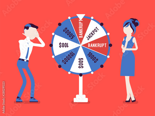 Bankrupt, unhappy man losing in game show. Guy in stress and worry in financial problems, loss of money after business risk, negative gamble rsult. Vector illustration, faceless characters