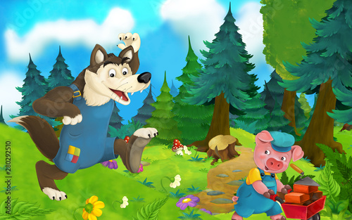 Fototapeta Naklejka Na Ścianę i Meble -  Cartoon fairy tale scene with wolf and pig on the meadow - illustration for children
