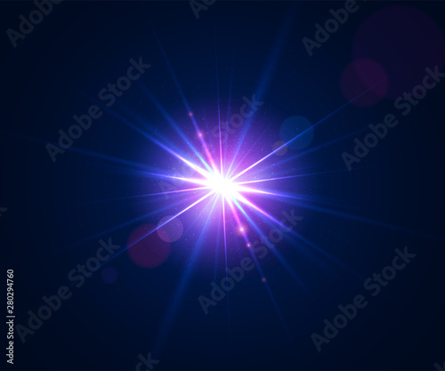 Glowing lens flare. Beautiful glare effect with bokeh, glitter particles and rays. Sparkling light effects of flash with colorful twinkle. Shining abstract background. Vector illustration.