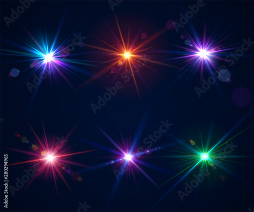 Sparkling light effects of flash. Glowing lens flares and colorful twinkle. Set of beautiful glare effects with bokeh, glitter particles and rays. Shining abstract background. Vector illustration