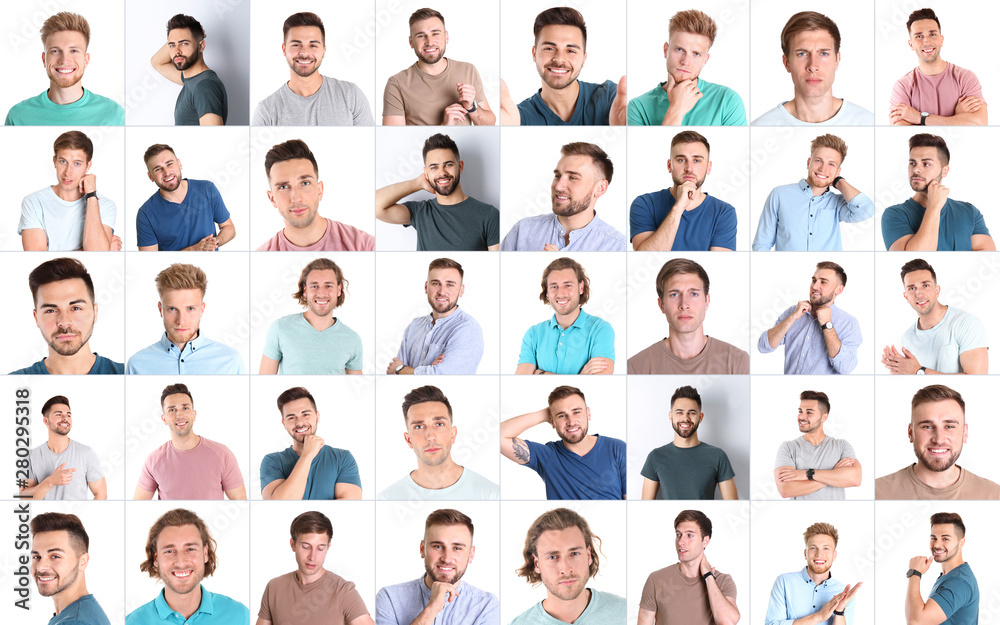 Collage with portraits of handsome men on white background Collage with portraits of handsome men on white background