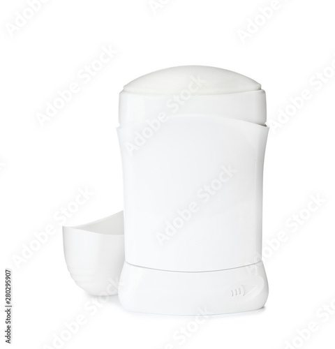 Blank plastic deodorant container on white background