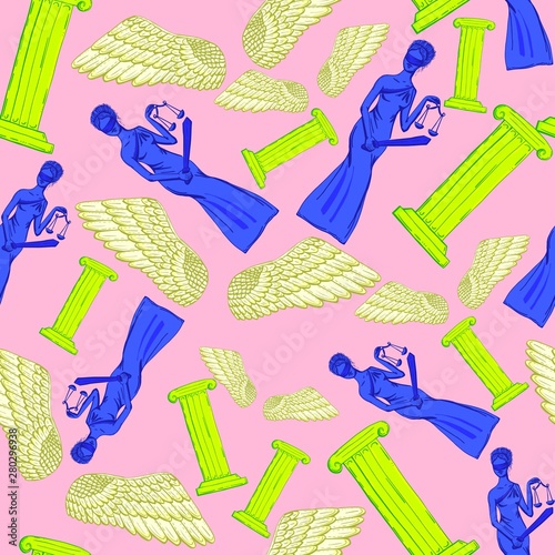 Seamless pattern with Goddess Themis, columns and wings. Hand drawn style. 