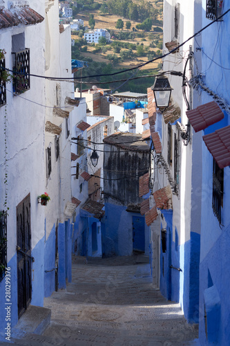 Street of the blue city Chefchaouen in Morocco.