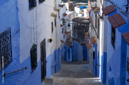 Blue street in old medina of the Chefchaouen town in Morocco.