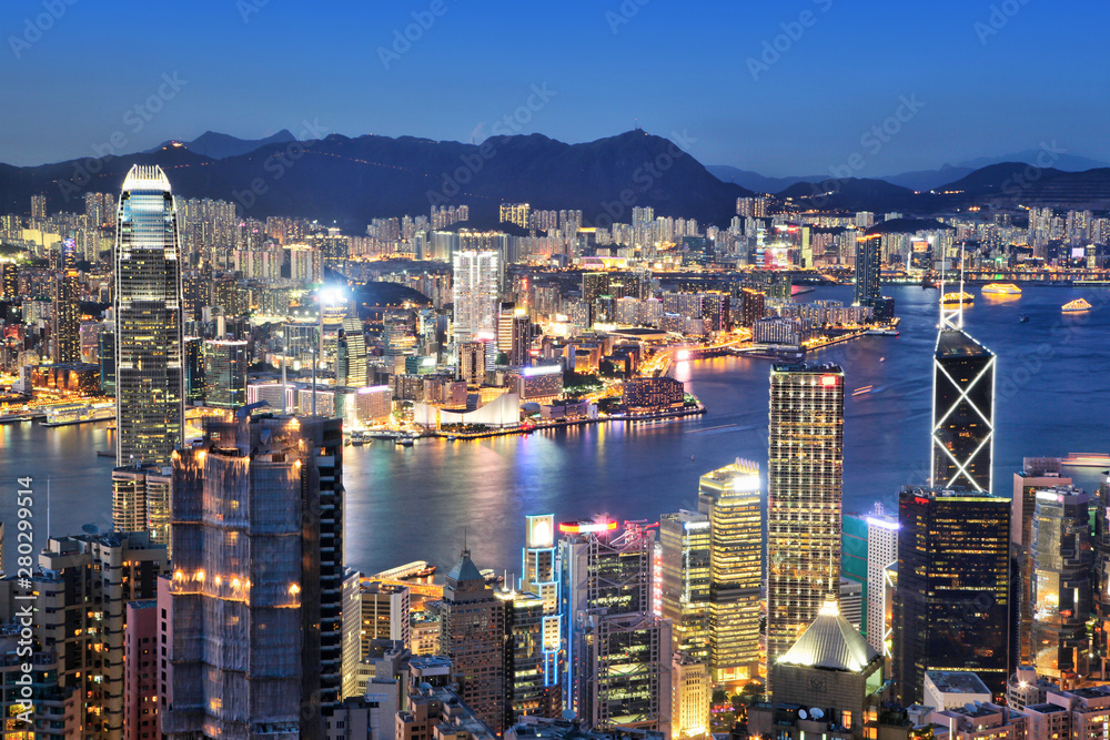 Sunset Blue Hour Over Victoria Harbor in Hong Kong, China