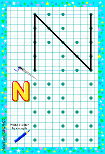 Educational page for little children on square paper. Write letter by example. Logic puzzle game. Developing baby skills of drawing and writing. Printable worksheet for kids textbook. Back to school.