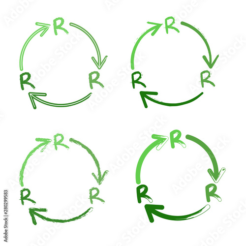 Reduce Reuse Recycle vector logo set on a white background. Three Rs in flat icon design. 