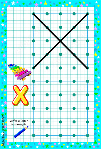 Educational page for little children on square paper. Write letter by example. Logic puzzle game. Developing baby skills of drawing and writing. Printable worksheet for kids textbook. Back to school.