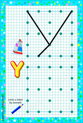 Educational page for little children on square paper. Write letter by example. Logic puzzle game. Developing baby skills of drawing and writing. Printable worksheet for kids textbook. Back to school.
