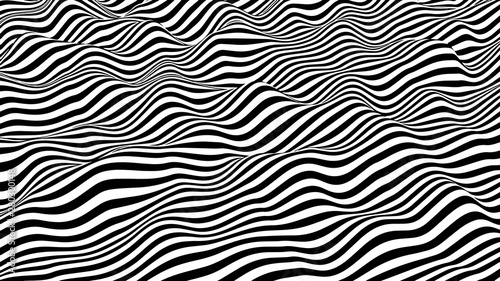 Black and white hallucination. Optical illusion. Twisted illustration. Abstract futuristic background of stripes. Dynamic wave. Vector. © Columbus