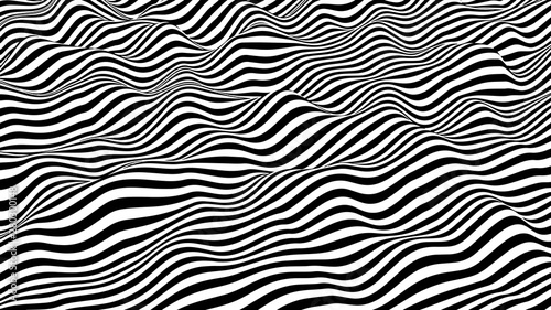 Black and white hallucination. Optical illusion. Twisted illustration. Abstract futuristic background of stripes. Dynamic wave. Vector.