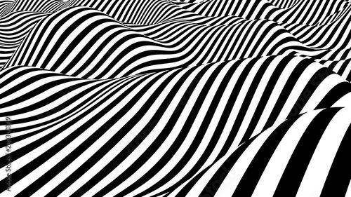 Black and white hallucination. Optical illusion. Twisted illustration. Abstract futuristic background of stripes. Dynamic wave. Vector.