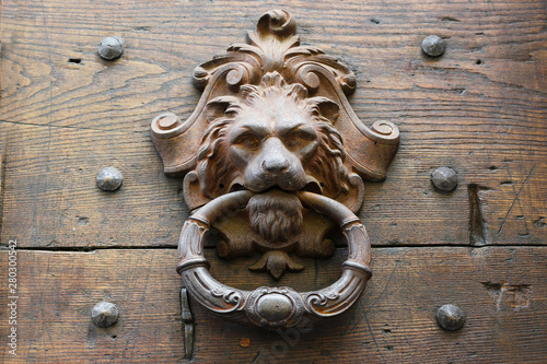 old metal door knocker as a lion's head on a rustic wooden door in italy