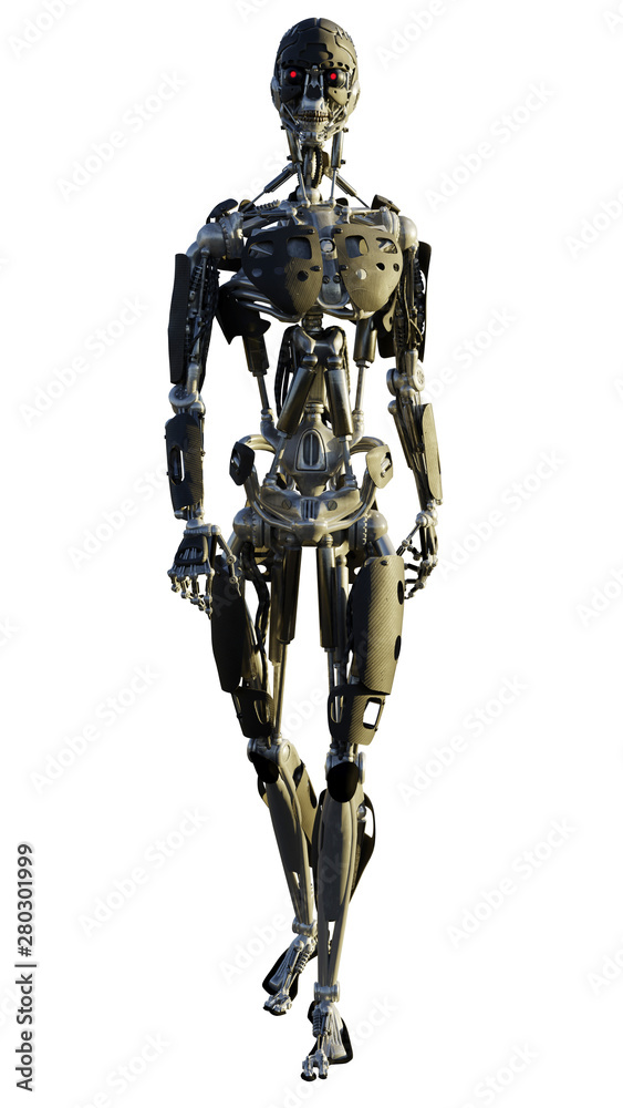 Science fiction illustration of a futuristic humanoid robot walking forwards, 3d digitally rendered illustration
