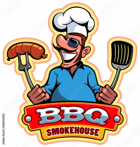 A cartoon smiled mustached cook chef character holding a grilled meat, vector cartoon character.