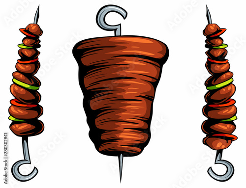 Isolated dinner kebab shawarma images. Design elements for logo, label, emblem, sign. Vector meat illustration.