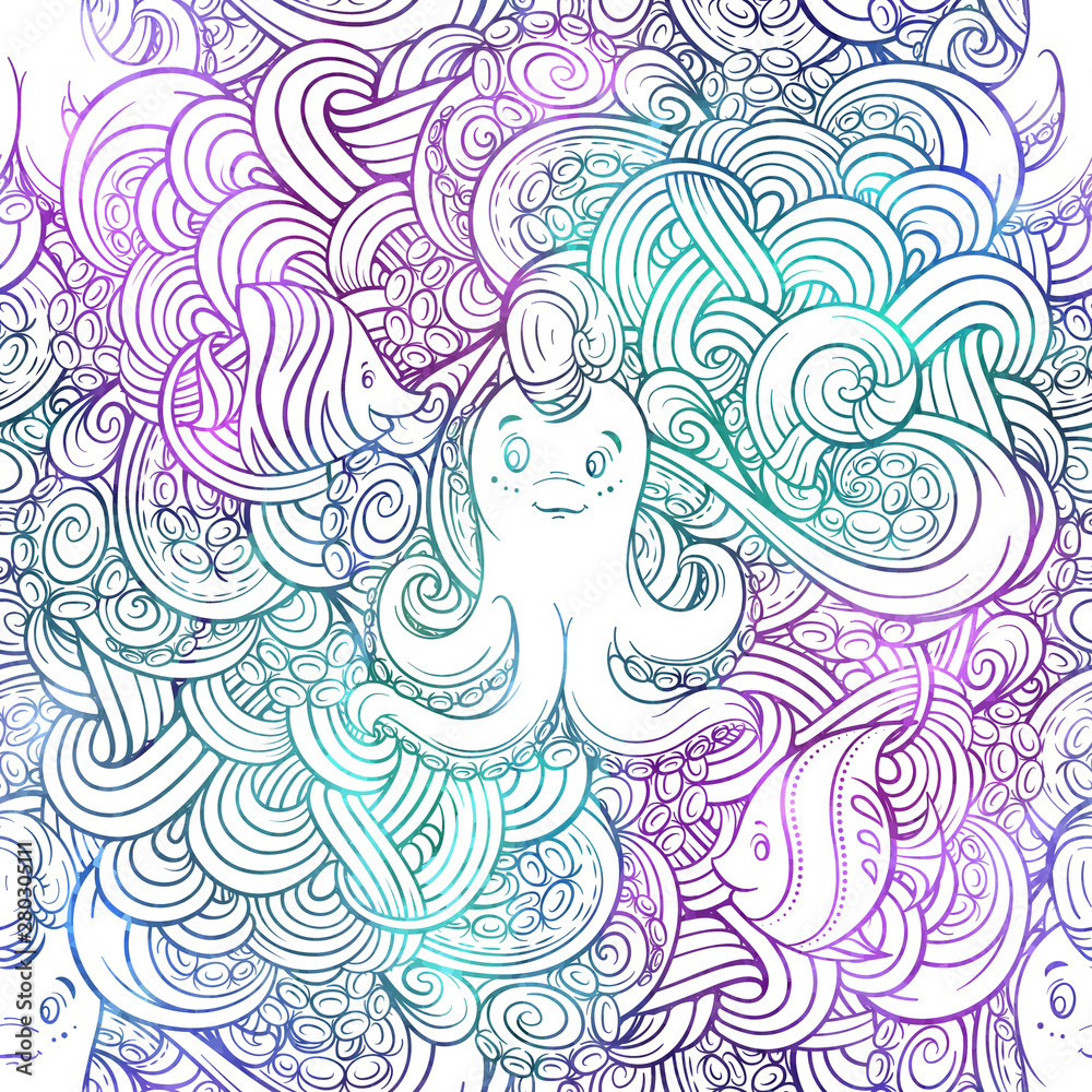 Vector sea doodle illustrations. Colorful seamless pattern with a cute octopus character