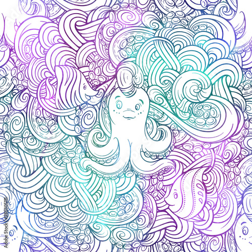 Vector sea doodle illustrations. Colorful seamless pattern with a cute octopus character