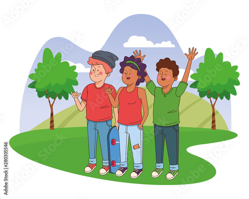 Teenagers friends smiling and greeting