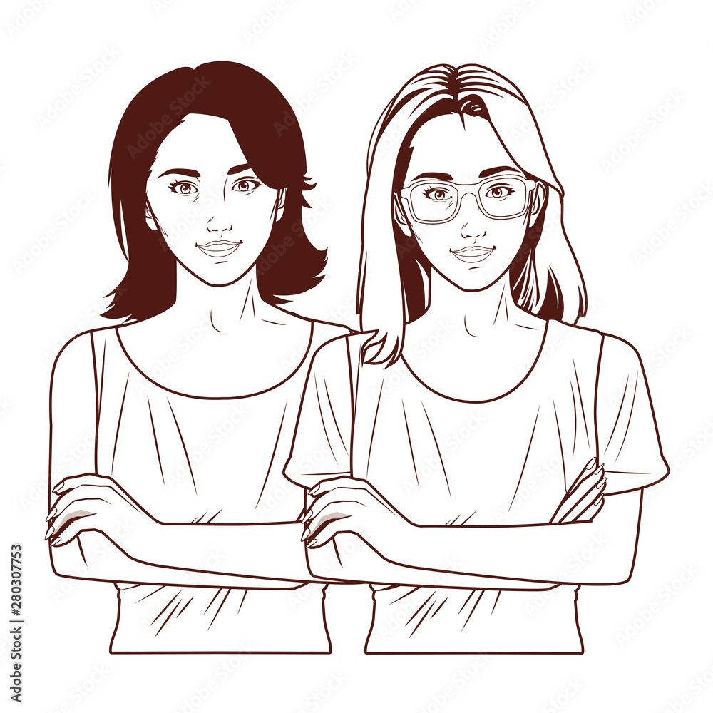 Pop art women friends smiling cartoon in black and white Pop art women friends smiling cartoon in black and white