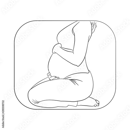 Pregnant lady/ woman practicing yoga on her knees. Kneeling on floor. Line art.