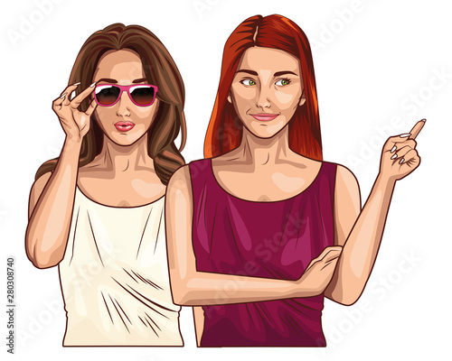 Pop art women friends smiling cartoon