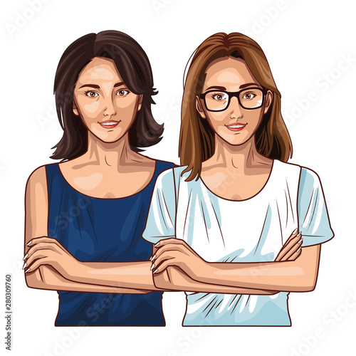Pop art women friends smiling cartoon