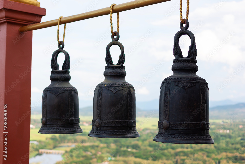 Obraz premium three Bell Made of brass in Thailand temple in Mountainous background