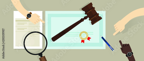 Certified legal auditor lawyer education paper. gavel on paper symbol of law. vector flat illustration