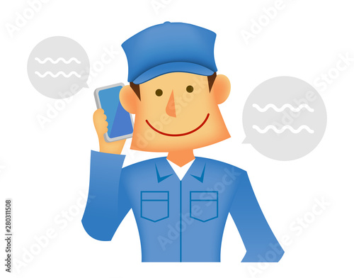 若い作業着を着た日本人 /上半身 (作業員・配達員）/携帯電話で話す作業スタッフ