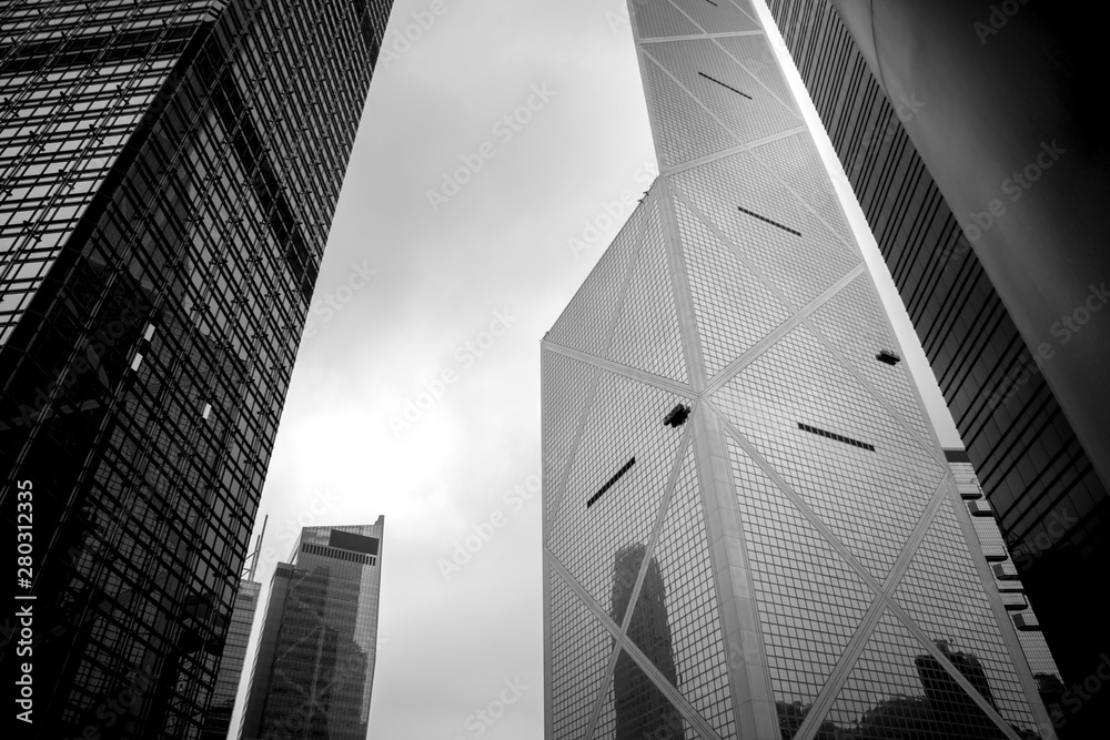 Fototapeta premium Business buildings in Hong Kong; Low Angle View; Black and White style
