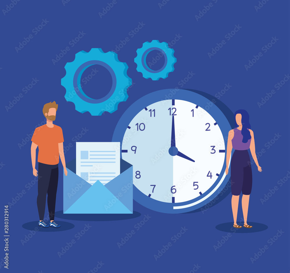 man and woman teamwork with gears and letter information man and woman teamwork with gears and letter information