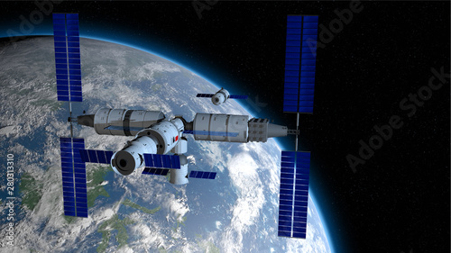 Fototapeta Naklejka Na Ścianę i Meble -  Shenzhou manned space vessel in the direction of coupling to the TIANGONG 3 - Chinese space station with the planet Earth behind on black space with stars background. 3D Illustration